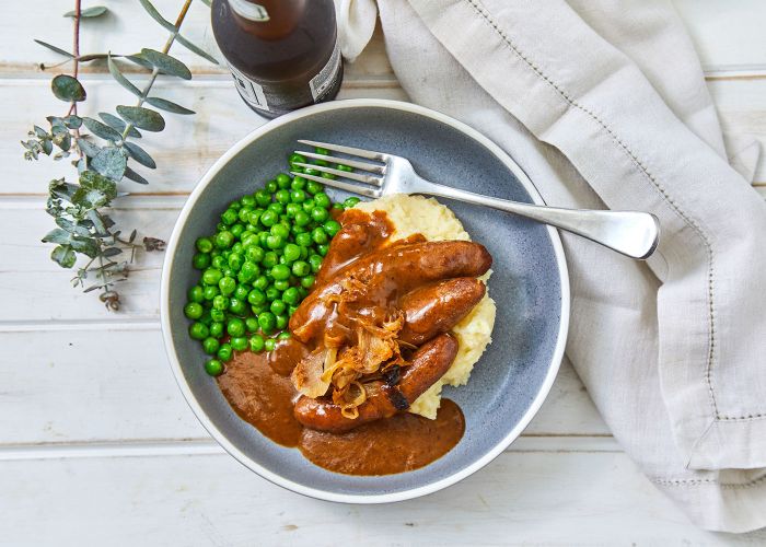 Bangers, Mash, Onion Gravy + Peas