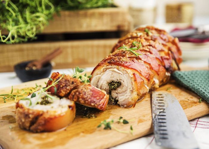 Porchetta w apricot + macadamia stuffing, Raw, ready to bake - serves 6